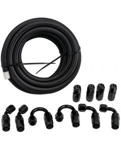 20FT AN6 6AN Nylon Braided Oil Fuel Line+Fittings Hose and Adaptor KIT Black